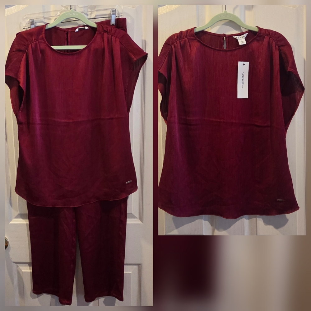 New Calvin Klein Formal Outfit Top Pants Large XL Evening Wear Red Texture Satin